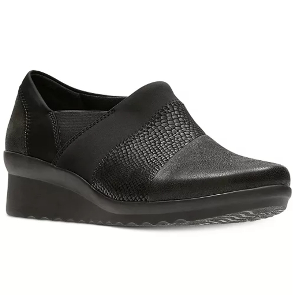 Clarks Cloudsteppers Caddell Denali Wedges Black Comfort Shoe Size 10 - Picture 1 of 9
